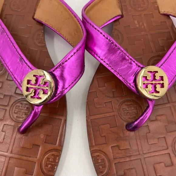 Tory Burch Thora Fuchsia Pink Leather Thong Sandals Metallic Mirror Metal Size 6