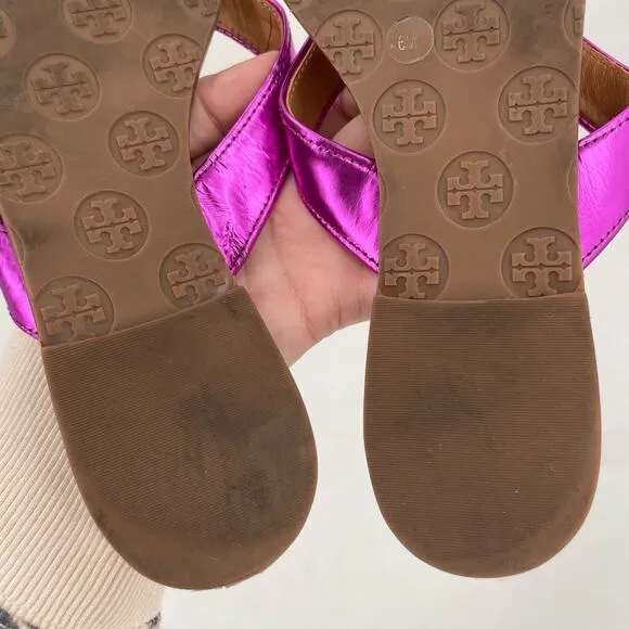 Tory Burch Thora Fuchsia Pink Leather Thong Sandals Metallic Mirror Metal Size 6