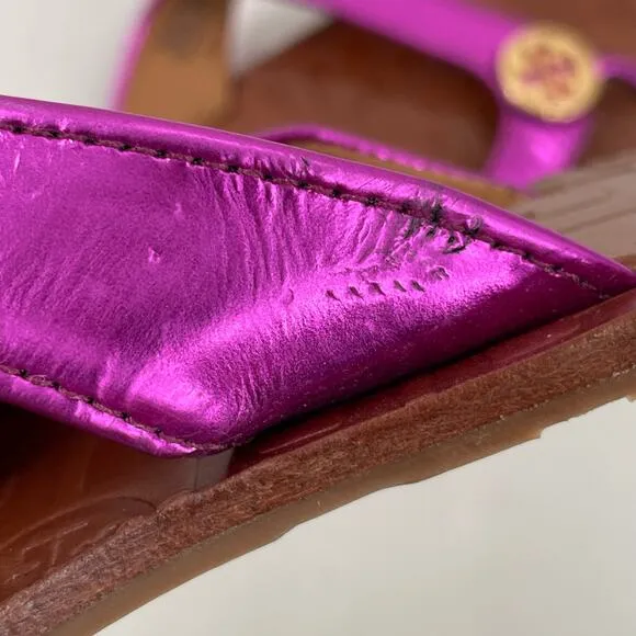 Tory Burch Thora Fuchsia Pink Leather Thong Sandals Metallic Mirror Metal Size 6