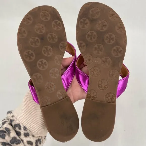 Tory Burch Thora Fuchsia Pink Leather Thong Sandals Metallic Mirror Metal Size 6