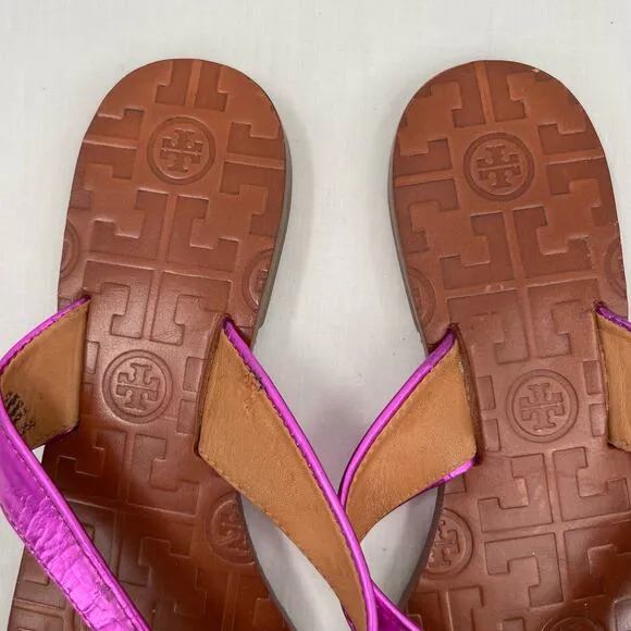 Tory Burch Thora Fuchsia Pink Leather Thong Sandals Metallic Mirror Metal Size 6
