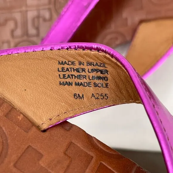 Tory Burch Thora Fuchsia Pink Leather Thong Sandals Metallic Mirror Metal Size 6