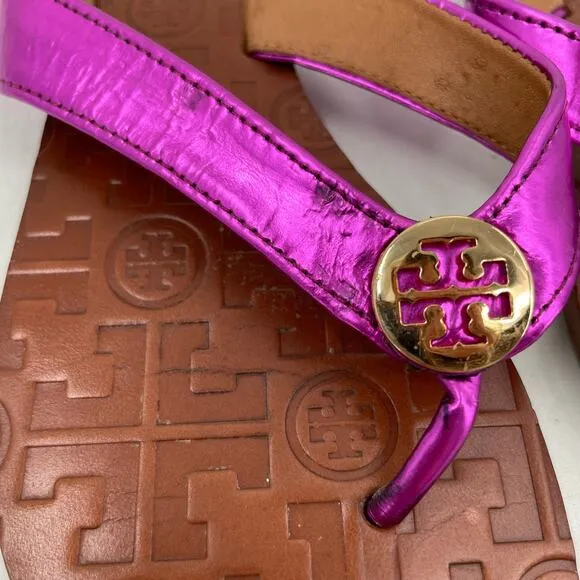 Tory Burch Thora Fuchsia Pink Leather Thong Sandals Metallic Mirror Metal Size 6