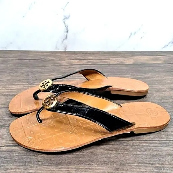 Tory Burch Thora Thong Black Patent Leather Brown Flat Sandals Women’s Size 8M🌴