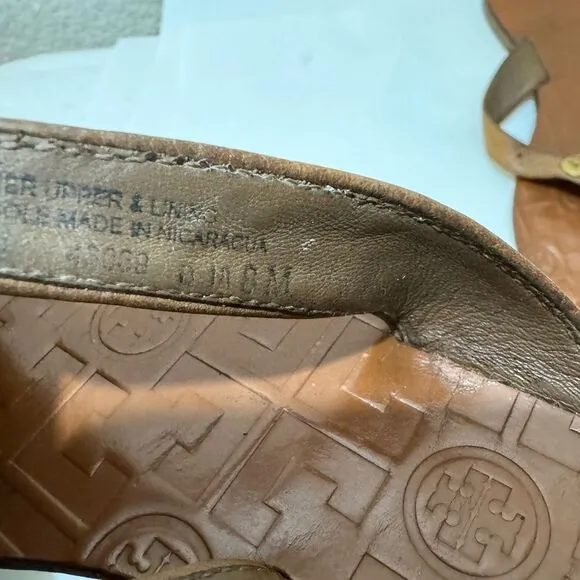 Tory Burch Thora thong tumbled leather sandals in royal tan gold logo women's 8
