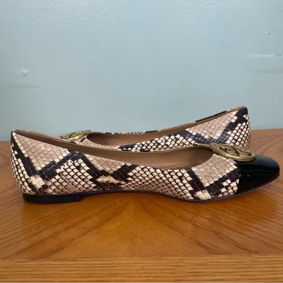 Tory Burch Women’s Chelsea Snake Print Cap Toe Ballet Flats Logo Size 7
