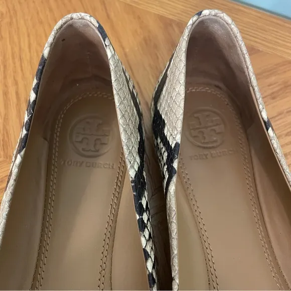 Tory Burch Women’s Chelsea Snake Print Cap Toe Ballet Flats Logo Size 7