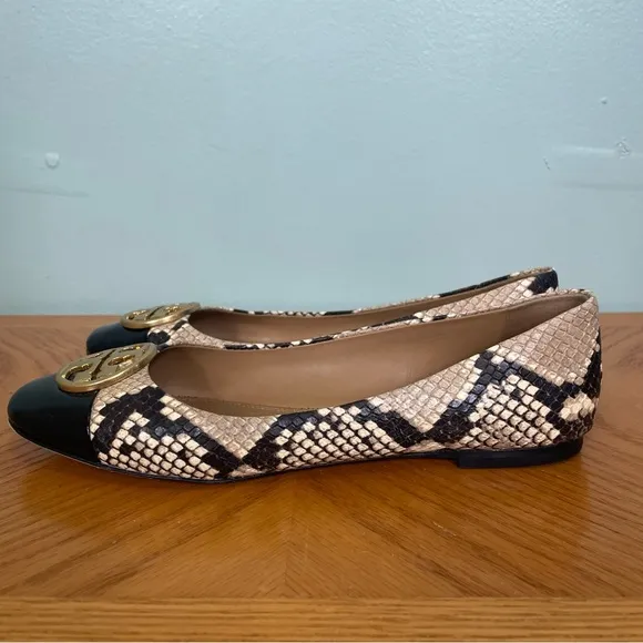 Tory Burch Women’s Chelsea Snake Print Cap Toe Ballet Flats Logo Size 7