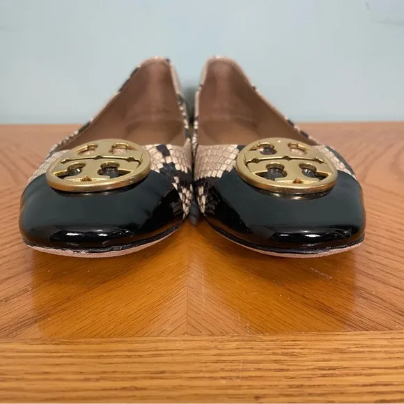 Tory Burch Women’s Chelsea Snake Print Cap Toe Ballet Flats Logo Size 7