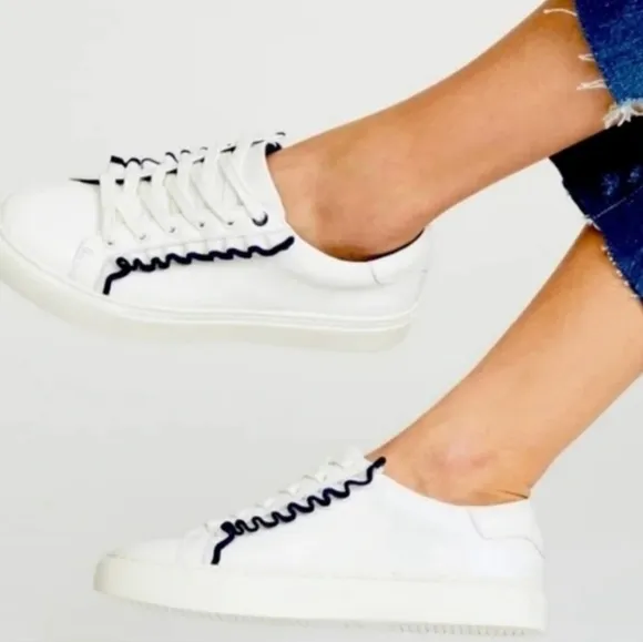 Tory Burch Women's White Leather Sneakers with Navy Blue Ruffle Trim. Size