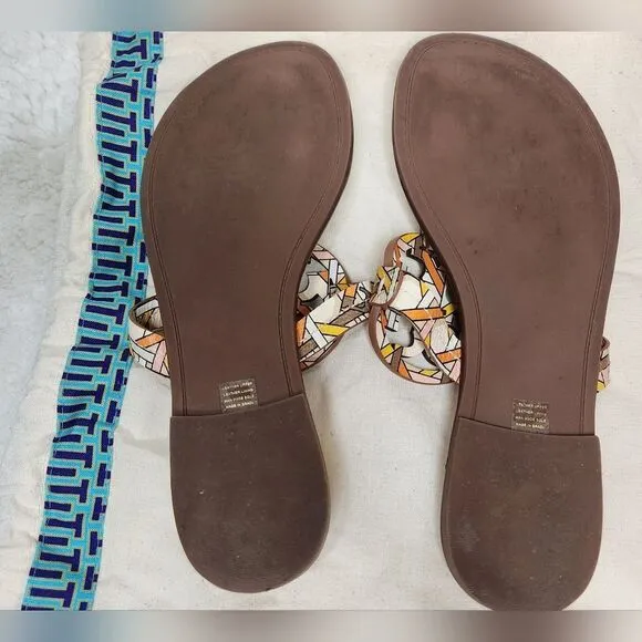 Tory Burch Pink Caning Logo Printed Tumbled Leather Welt Thong Miller Sandals 7