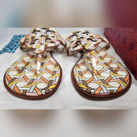 Tory Burch Pink Caning Logo Printed Tumbled Leather Welt Thong Miller Sandals 7