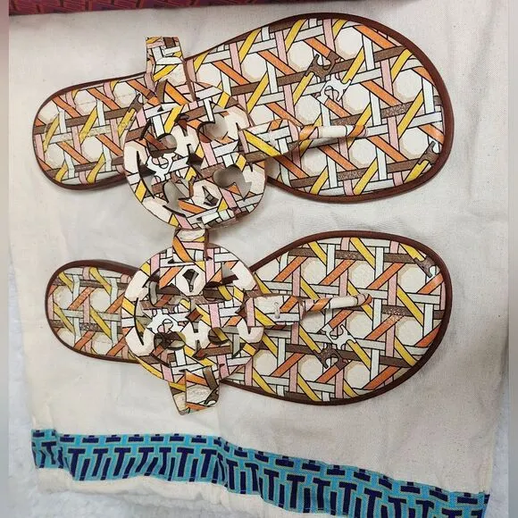 Tory Burch Pink Caning Logo Printed Tumbled Leather Welt Thong Miller Sandals 7