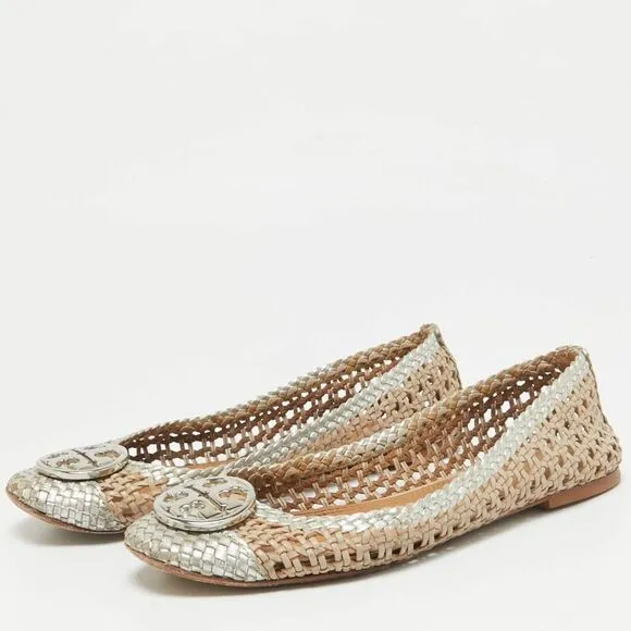 Tory Burch Chelsea Metallic Woven Leather Cap toe Flats in light taupe/silver 6