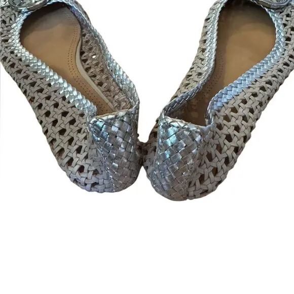 Tory Burch Chelsea Metallic Woven Leather Cap toe Flats in light taupe/silver 6