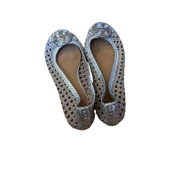 Tory Burch Chelsea Metallic Woven Leather Cap toe Flats in light taupe/silver 6
