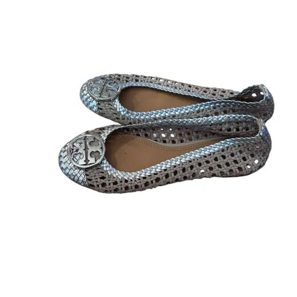 Tory Burch Chelsea Metallic Woven Leather Cap toe Flats in light taupe/silver 6