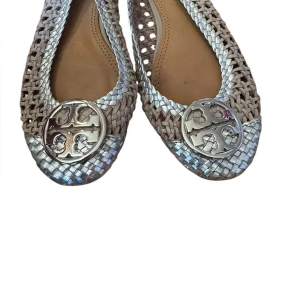 Tory Burch Chelsea Metallic Woven Leather Cap toe Flats in light taupe/silver 6