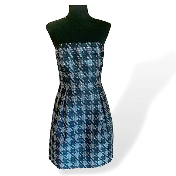 Trina Turk Black White &amp; Teal Elegant Houndstooth Strapless Dress Size 6