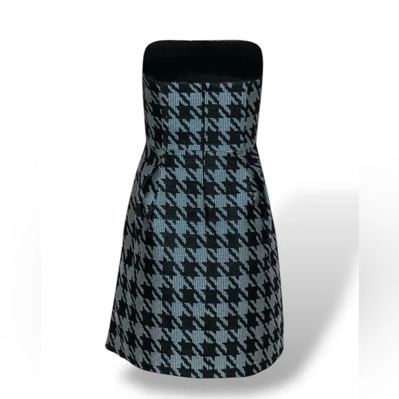 Trina Turk Black White &amp; Teal Elegant Houndstooth Strapless Dress Size 6