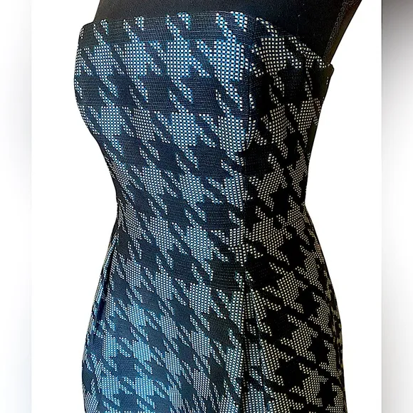 Trina Turk Black White &amp; Teal Elegant Houndstooth Strapless Dress Size 6