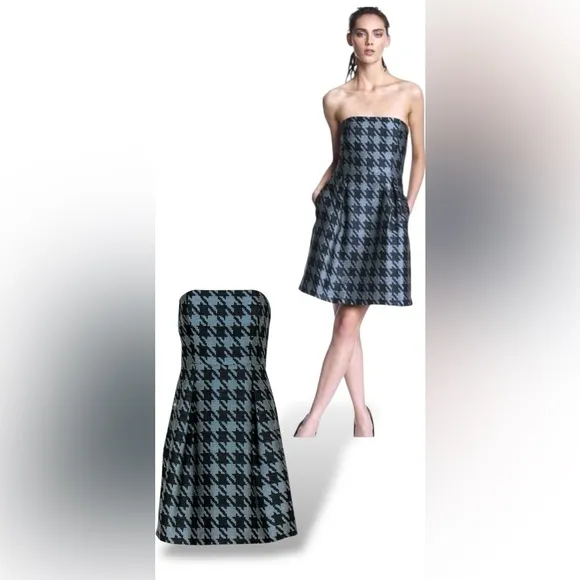 Trina Turk Black White &amp; Teal Elegant Houndstooth Strapless Dress Size 6