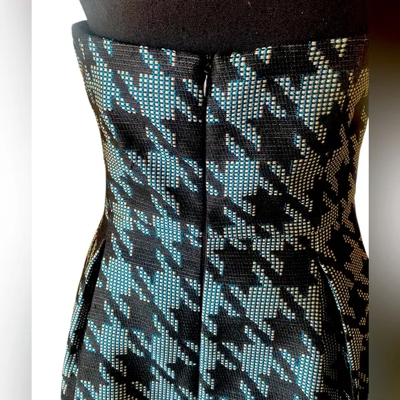 Trina Turk Black White &amp; Teal Elegant Houndstooth Strapless Dress Size 6
