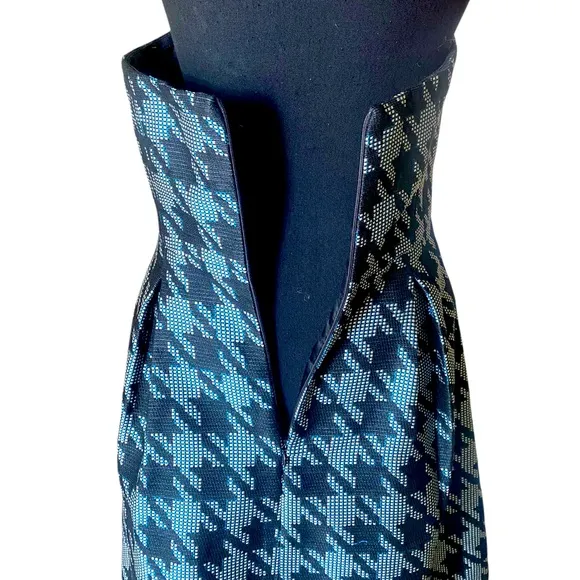 Trina Turk Black White &amp; Teal Elegant Houndstooth Strapless Dress Size 6