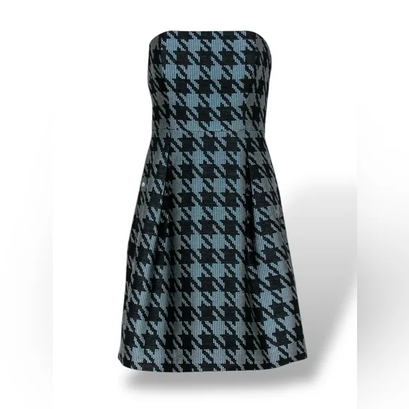Trina Turk Black White &amp; Teal Elegant Houndstooth Strapless Dress Size 6