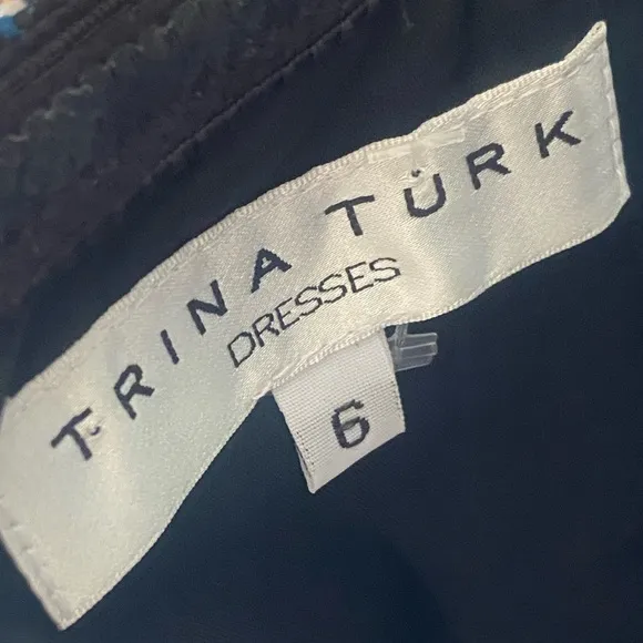 Trina Turk Black White &amp; Teal Elegant Houndstooth Strapless Dress Size 6