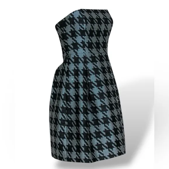 Trina Turk Black White &amp; Teal Elegant Houndstooth Strapless Dress Size 6