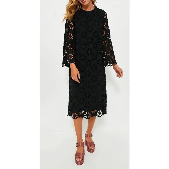 Tuckernuck NEW Noir Eyelet Hutton Long Sleeve Cotton Formal Midi Dress XSMALL