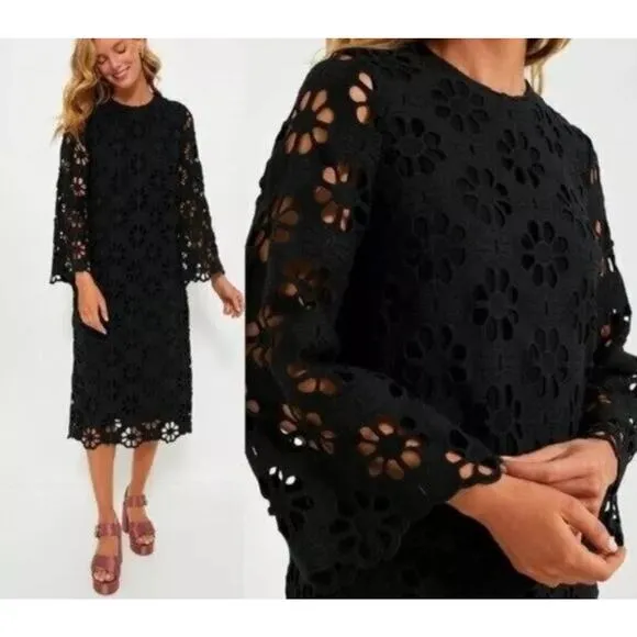 Tuckernuck NEW Noir Eyelet Hutton Long Sleeve Cotton Formal Midi Dress XSMALL