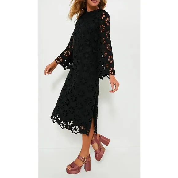 Tuckernuck NEW Noir Eyelet Hutton Long Sleeve Cotton Formal Midi Dress XSMALL