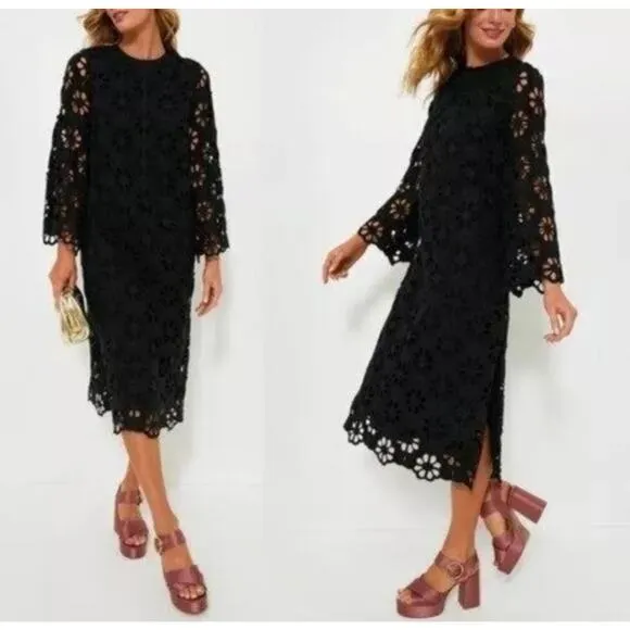 Tuckernuck NEW Noir Eyelet Hutton Long Sleeve Cotton Formal Midi Dress XSMALL