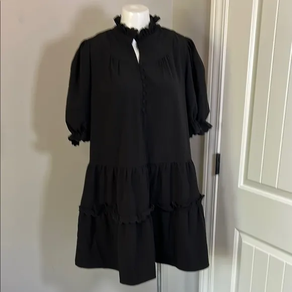 Tuckernuck POMANDER PLACE Selena Mini Dress Black Ruffle Collar LBD Sz L NEW