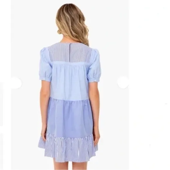 Tuckernuck Pomander Place White Blue Cotton Blend Quinn Babydoll Mini Dress
