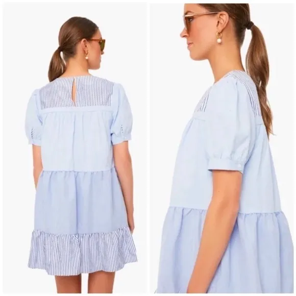 Tuckernuck Pomander Place White Blue Cotton Blend Quinn Babydoll Mini Dress
