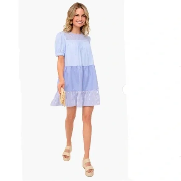 Tuckernuck Pomander Place White Blue Cotton Blend Quinn Babydoll Mini Dress