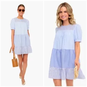 Tuckernuck Pomander Place White Blue Cotton Blend Quinn Babydoll Mini Dress