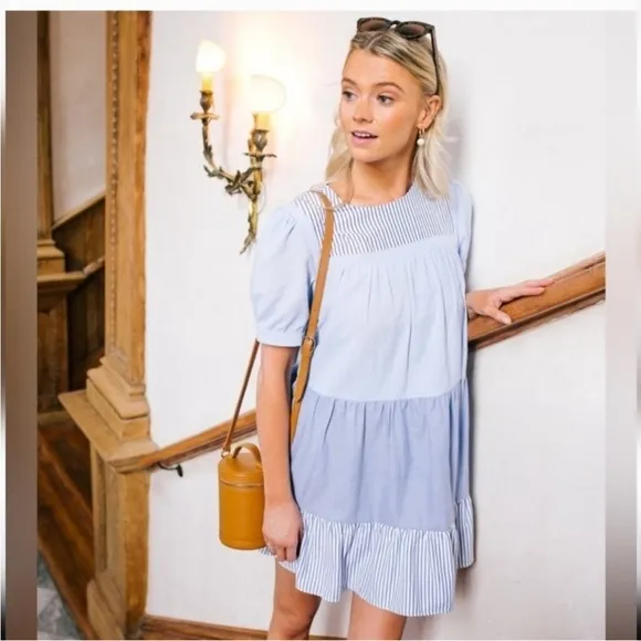 Tuckernuck Pomander Place White Blue Cotton Blend Quinn Babydoll Mini Dress