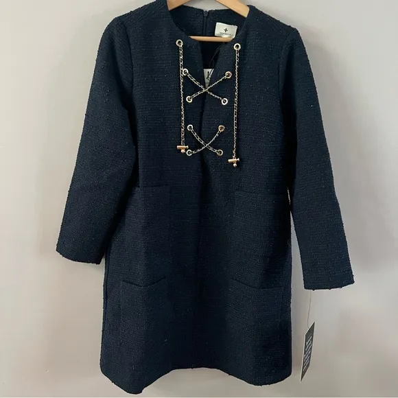 Tuckernuck tie tweed Kelly mini shift dress ladies large navy blue gold chain