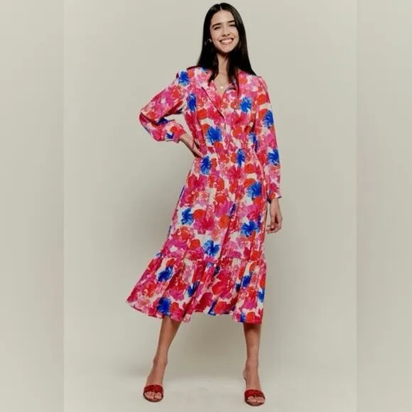 Tuckernuck Womens Juliette Dress Ella's Pink Bouquets Silk XS Floral Long Sleeve