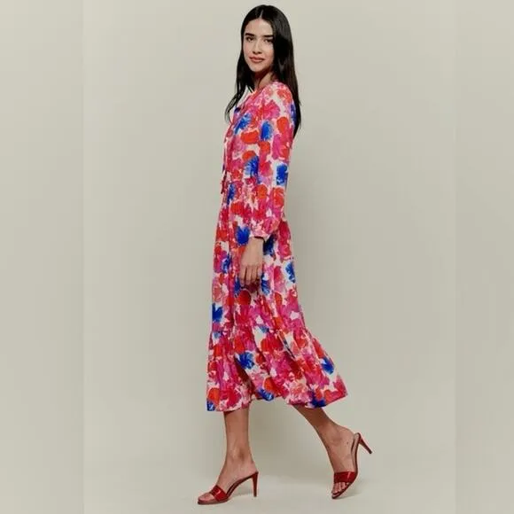 Tuckernuck Womens Juliette Dress Ella's Pink Bouquets Silk XS Floral Long Sleeve