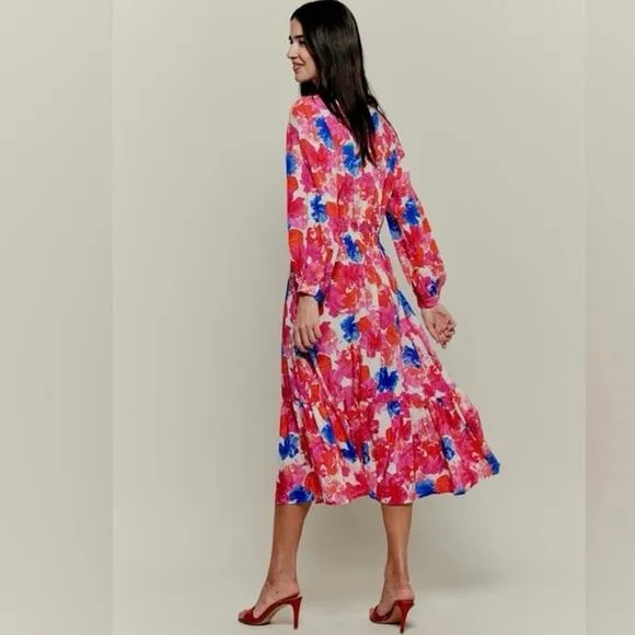 Tuckernuck Womens Juliette Dress Ella's Pink Bouquets Silk XS Floral Long Sleeve