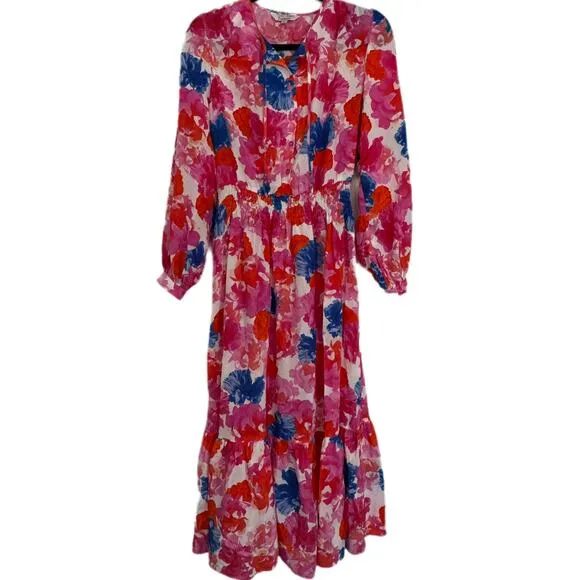 Tuckernuck Womens Juliette Dress Ella's Pink Bouquets Silk XS Floral Long Sleeve