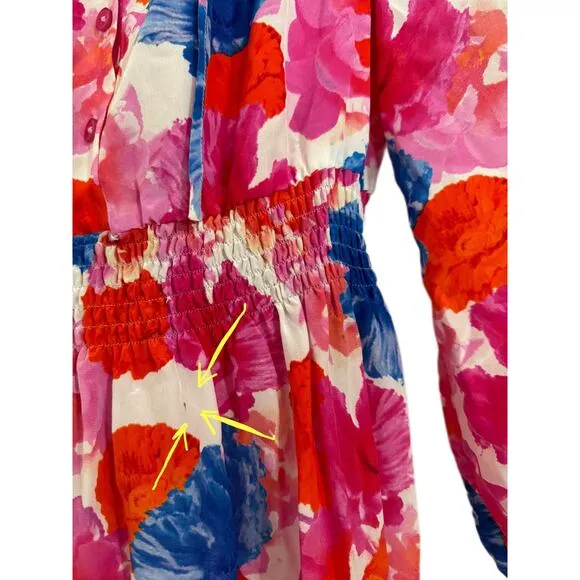 Tuckernuck Womens Juliette Dress Ella's Pink Bouquets Silk XS Floral Long Sleeve