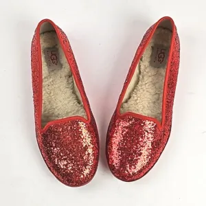 Ugg Alloway Red Glitter Sparkle Slip On Sheepskin Lined Loafer Flat