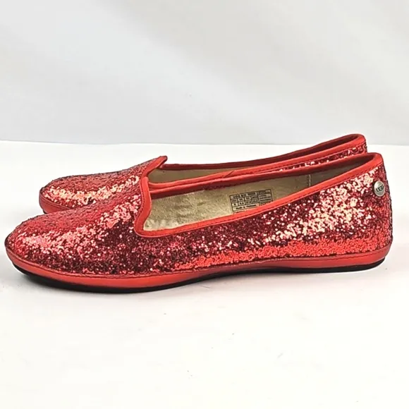 Ugg Alloway Red Glitter Sparkle Slip On Sheepskin Lined Loafer Flat