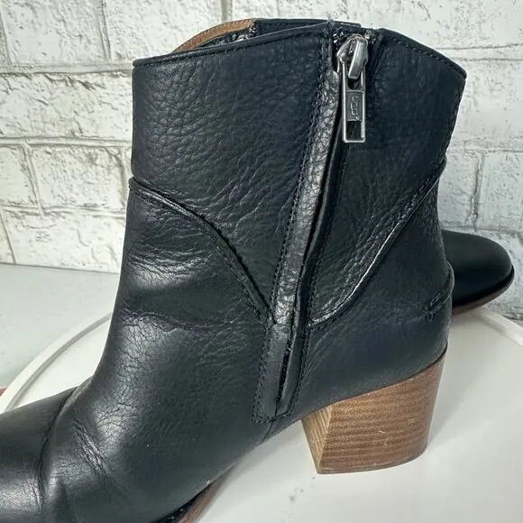 Ugg Boots Annie Ankle Booties Chunky Heel Leather Neutral Black 6.5